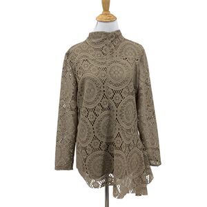 Soft Surroundings Lace Overlay Top Womens PL Petite Large Back Zip Mock Collar